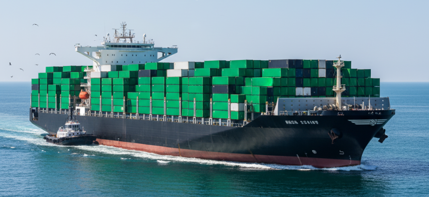 Cargo ship carrying black, green, and white containers symbolizing Foon Chaser’s brand