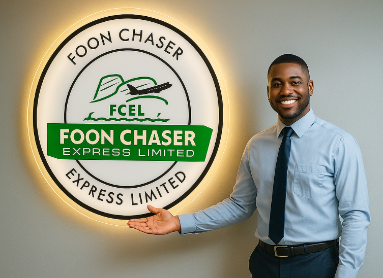 Smiling professional promoting Foon Chaser Express Limited logistics and express delivery services in front of company logo.
