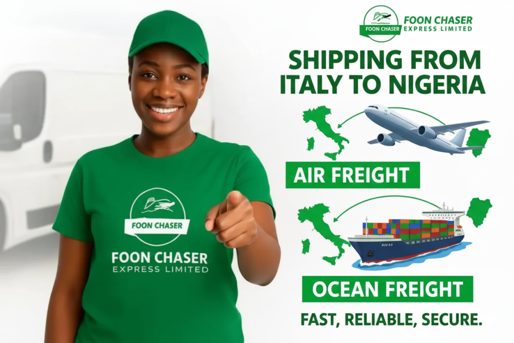 Smiling courier in Foon Chaser Express uniform promoting cargo shipping services from Italy to Nigeria with air freight and ocean freight options.