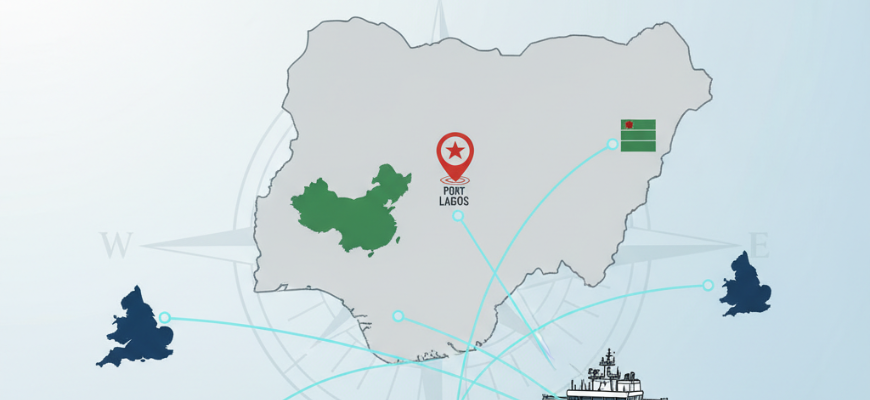 Cargo ship on global ocean routes from China, UK, and USA to Nigeria