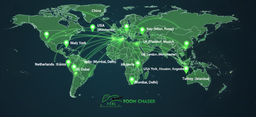 World map with green air freight connections to Nigeria — Foon Chaser Express
