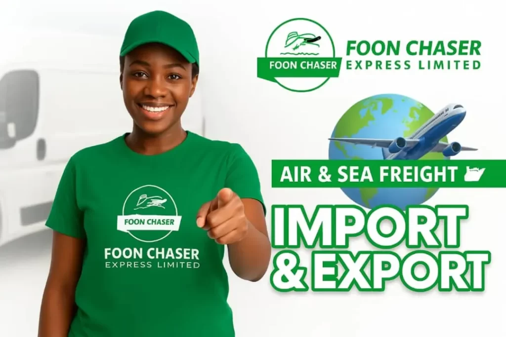 Professional logistics service representative promoting Foon Chaser Express Limited cargo shipping from Italy to Nigeria with door-to-door, air, and sea freight import and export services.