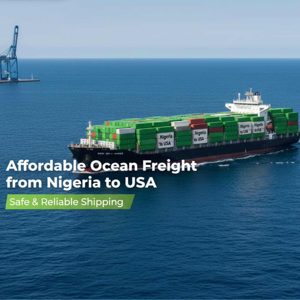 Large cargo ship loaded with containers labeled "Nigeria to USA" sailing across the Atlantic Ocean with port crane and sea horizon, illustrating affordable ocean freight from Nigeria to USA by Foon Chaser Express.