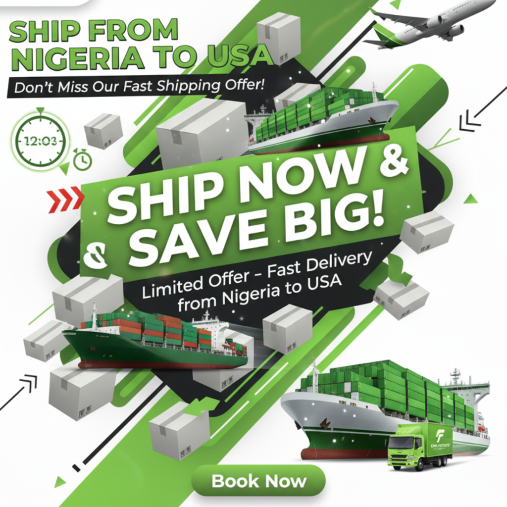 Large cargo ship loaded with containers labeled "Nigeria to USA" sailing across the Atlantic Ocean with port crane and sea horizon, illustrating affordable ocean freight from Nigeria to USA by Foon Chaser Express.