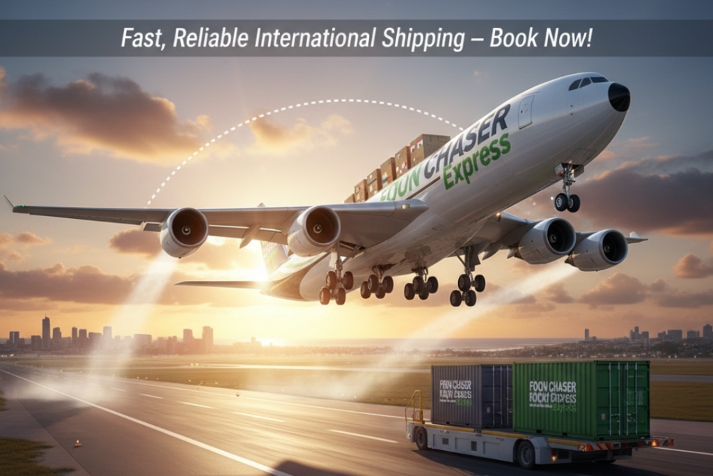 Cargo plane taking off from Lagos Nigeria to Rome Italy with Foon Chaser Express containers – fast and reliable cargo shipping from Nigeria to Italy.