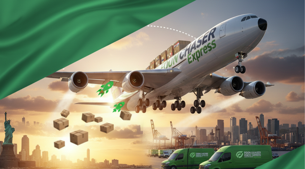 Cargo airplane flying from USA to Nigeria with containers and trucks — fast, reliable cargo shipping by Foon Chaser Express.