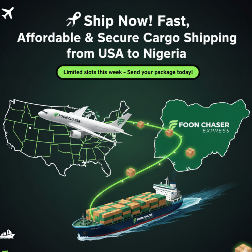 Dynamic flyer showing an airplane and cargo ship moving from the USA to Nigeria with packages in motion, highlighting fast and reliable cargo shipping from USA to Nigeria.