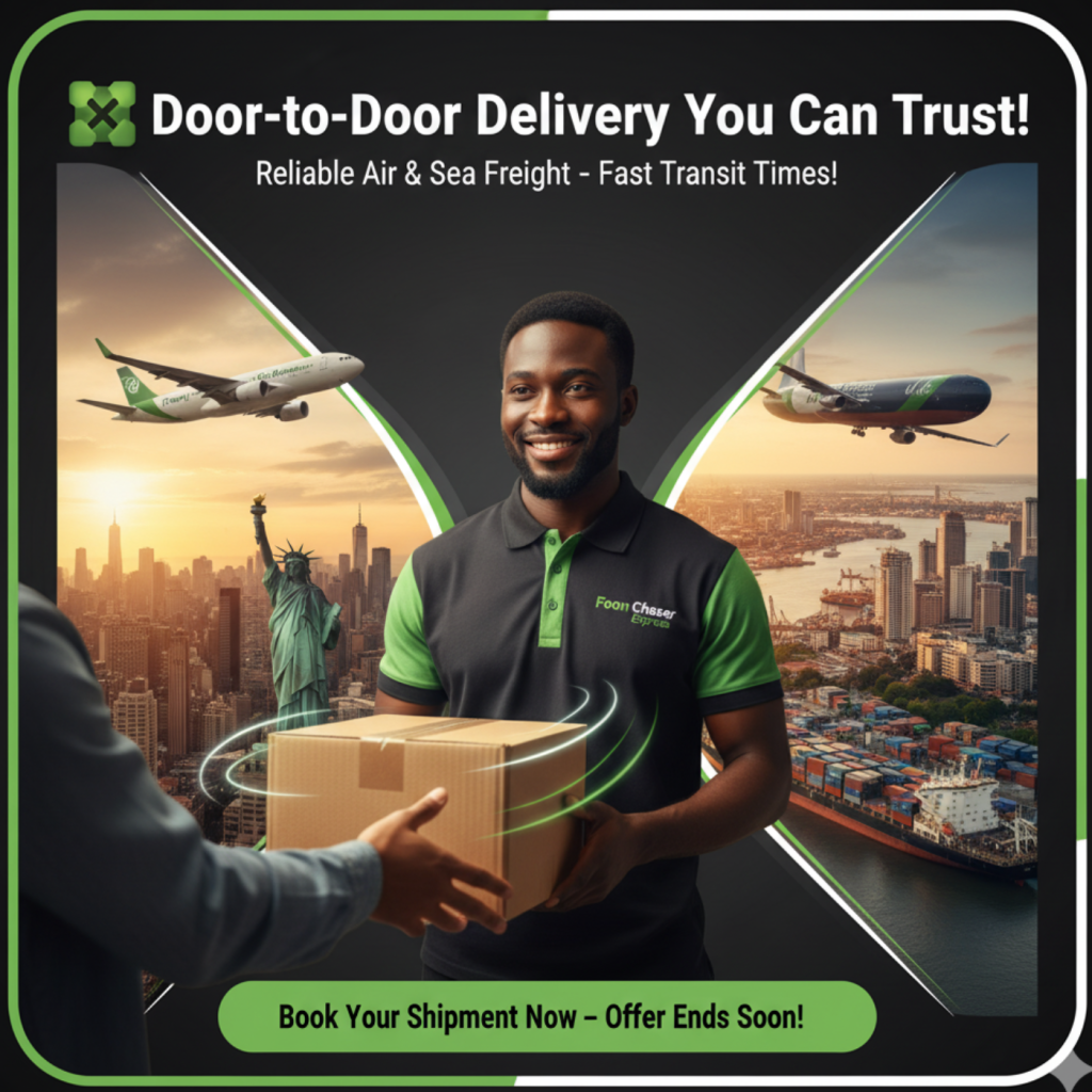Confident delivery agent handing package with cargo plane and seaport background, split view of New York skyline and Lagos cityscape – Cargo Shipping from USA to Nigeria