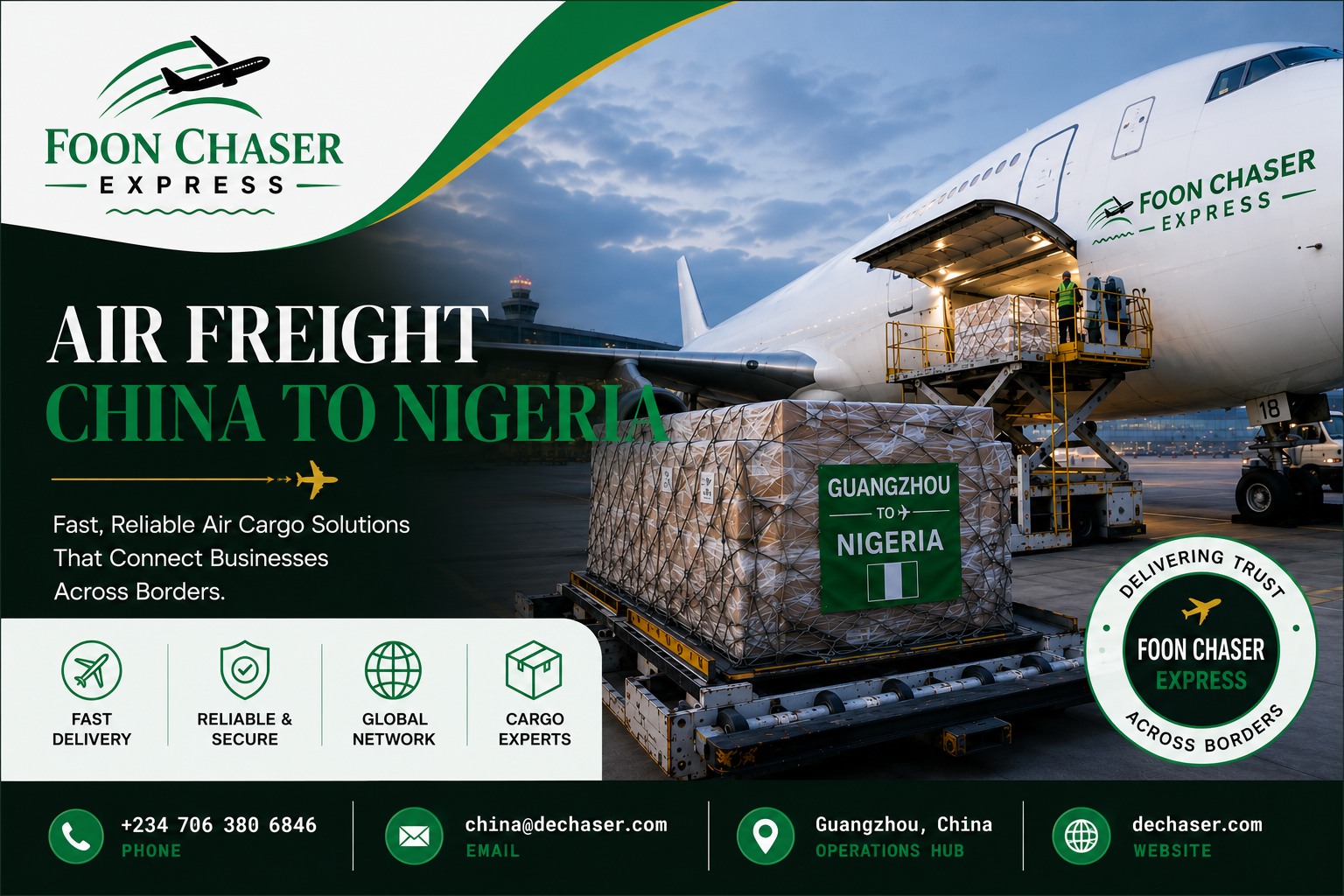 Air freight cargo being loaded at Guangzhou Baiyun International Airport for shipment to Nigeria